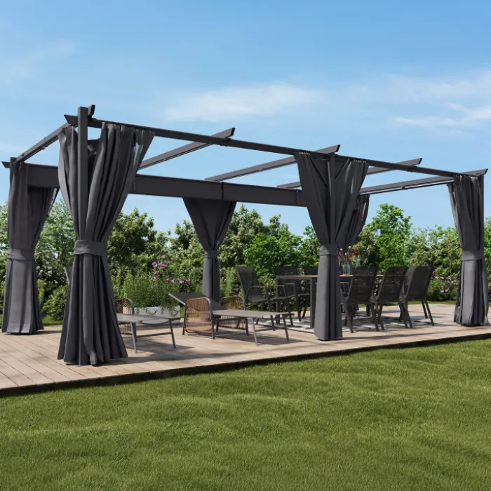 Pergola édition intégrale moustiquaire toit rétractable 3x6 M et 6 rideaux gris