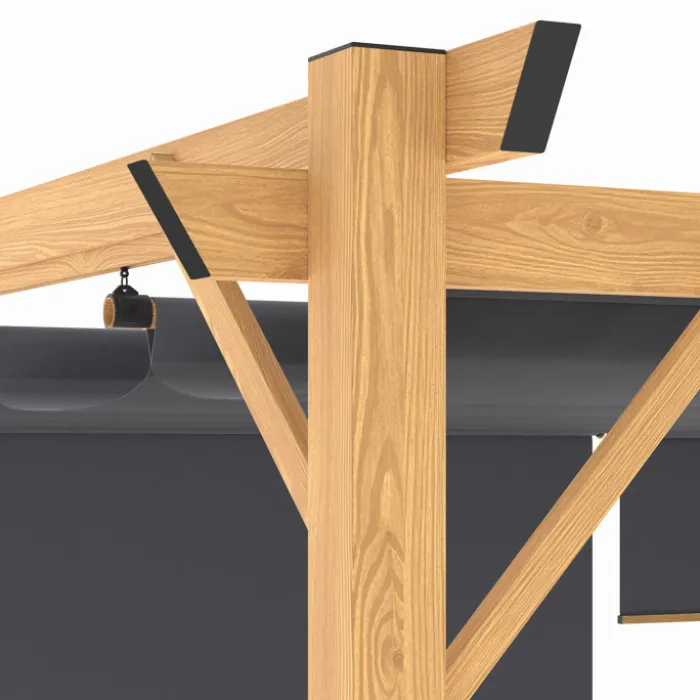 Pergola effet bois 3x4 M toit rétractable et 4 stores gris anthracite