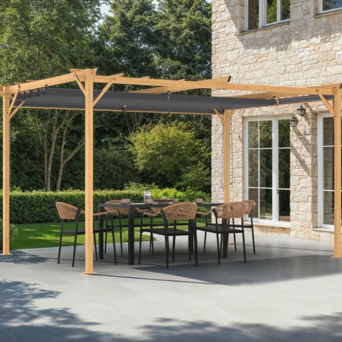 Pergola effet bois 3x4 M toit rétractable et 4 stores gris anthracite