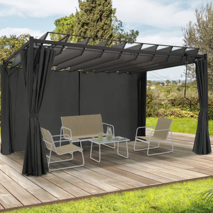 Pergola lames orientables avec 4 rideaux gris 3x4 M