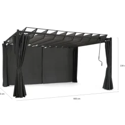 Pergola lames orientables avec 4 rideaux gris 3x4 M