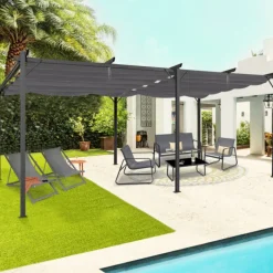 Pergola rétractable gris 6 pieds en acier 3x6 m et toile polyester