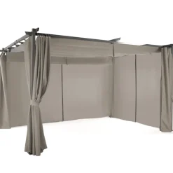 Pergola toit rétractable avec rideaux coloris taupe