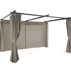 Pergola toit rétractable avec rideaux coloris taupe