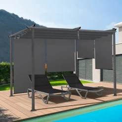 Pergola toit rétractable gris et stores enrouleurs