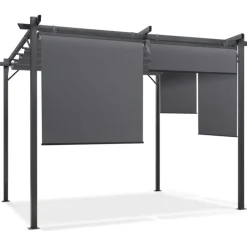 Pergola toit rétractable gris et stores enrouleurs