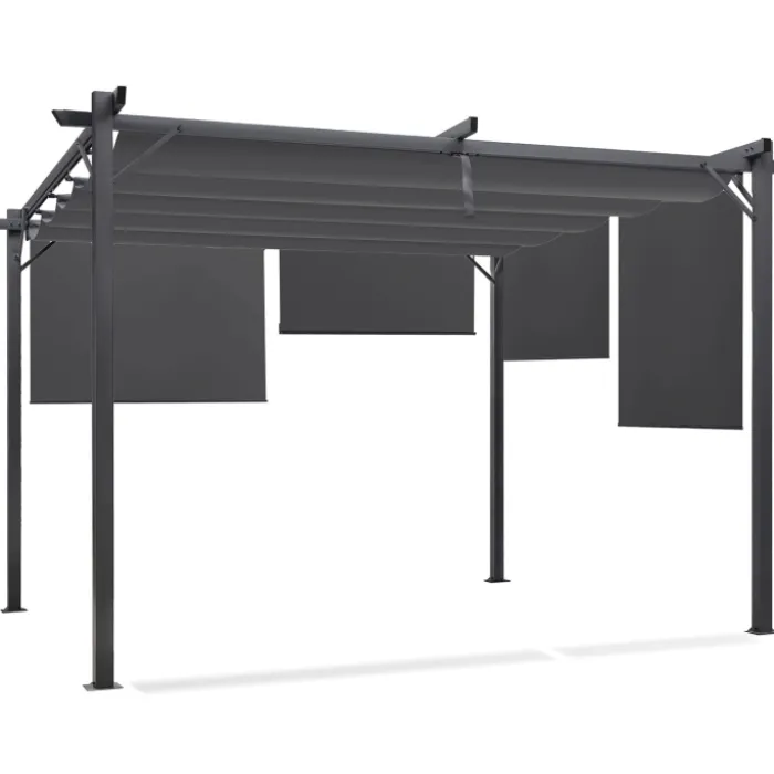 Pergola toit rétractable gris et stores enrouleurs