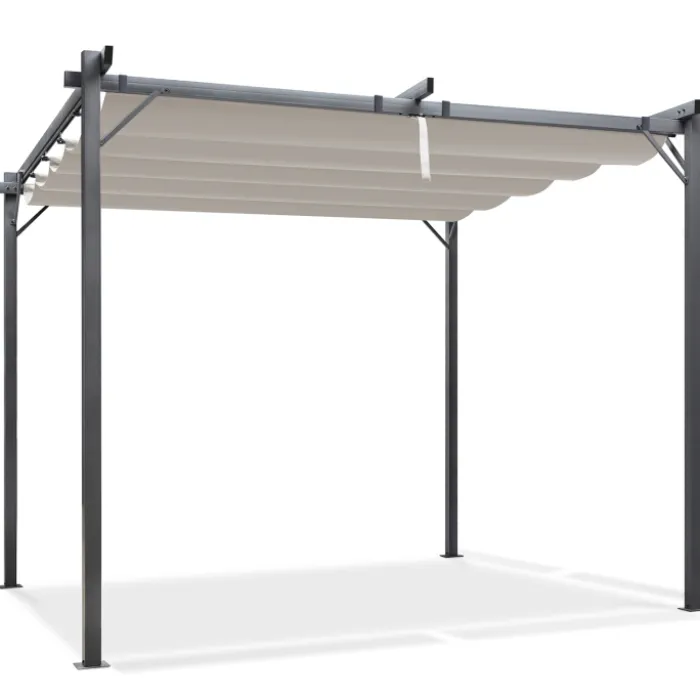 Pergola toit rétractable taupe et stores enrouleurs