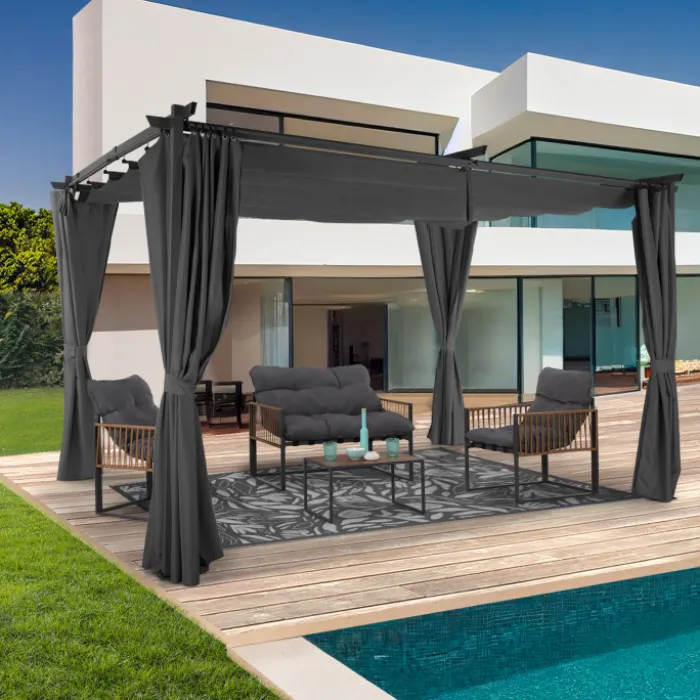 Pergola toit rétractable 3x4m gris avec 4 rideaux