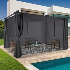 Pergola toit rétractable 3x4m gris avec 4 rideaux