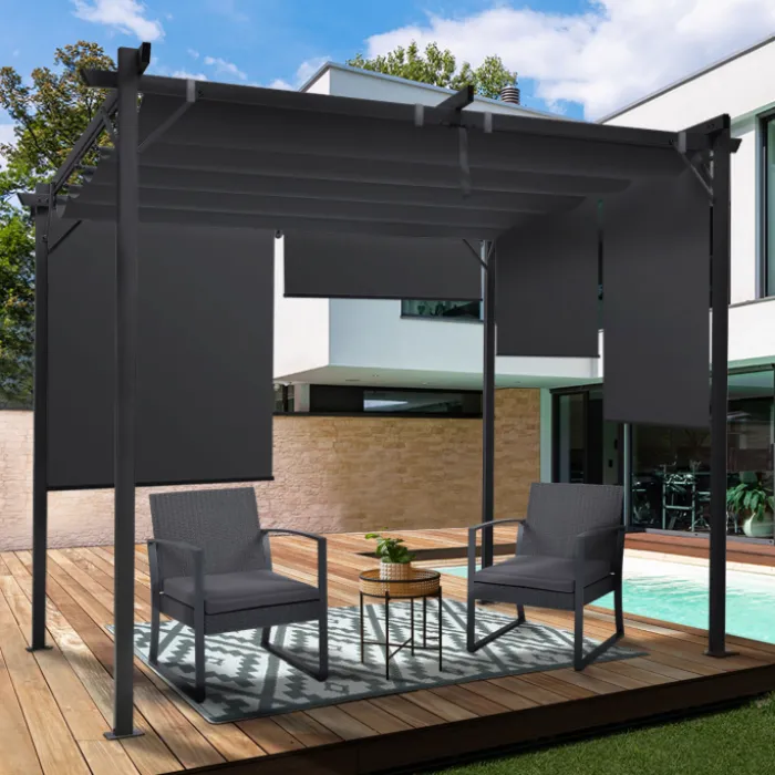 Pergola 3x3 m toit rétractable gris anthracite et stores enrouleurs