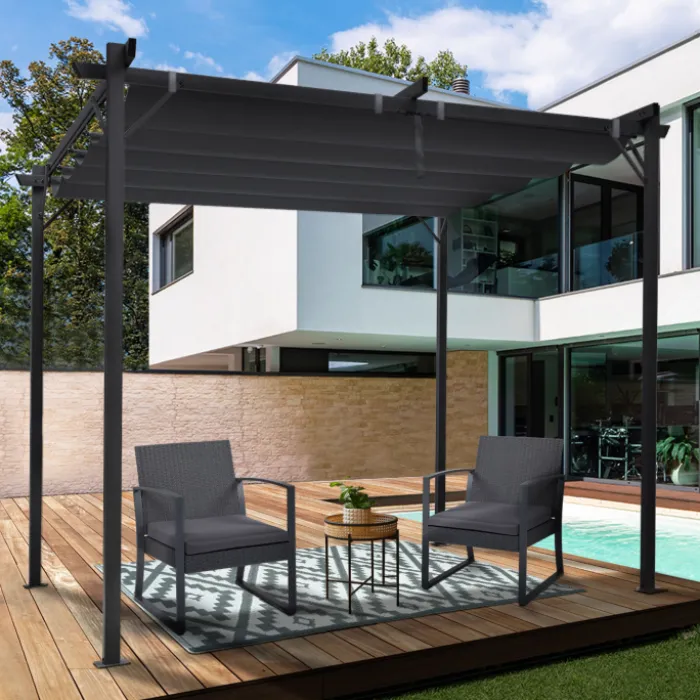 Pergola 3x3 m toit rétractable gris anthracite et stores enrouleurs