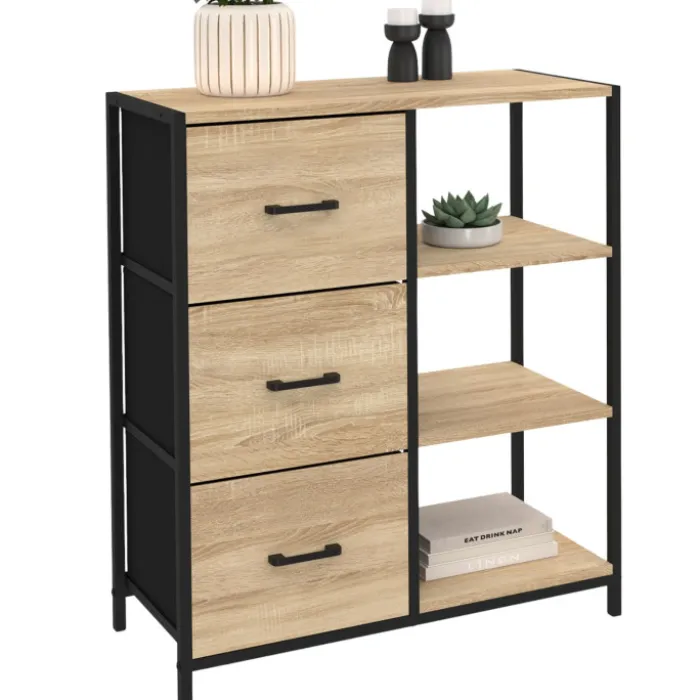 Petit buffet d’appoint industriel 3 tiroirs et étagères