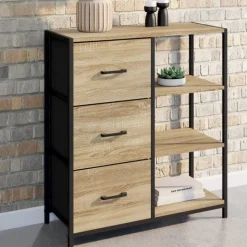 Petit buffet d’appoint industriel 3 tiroirs et étagères