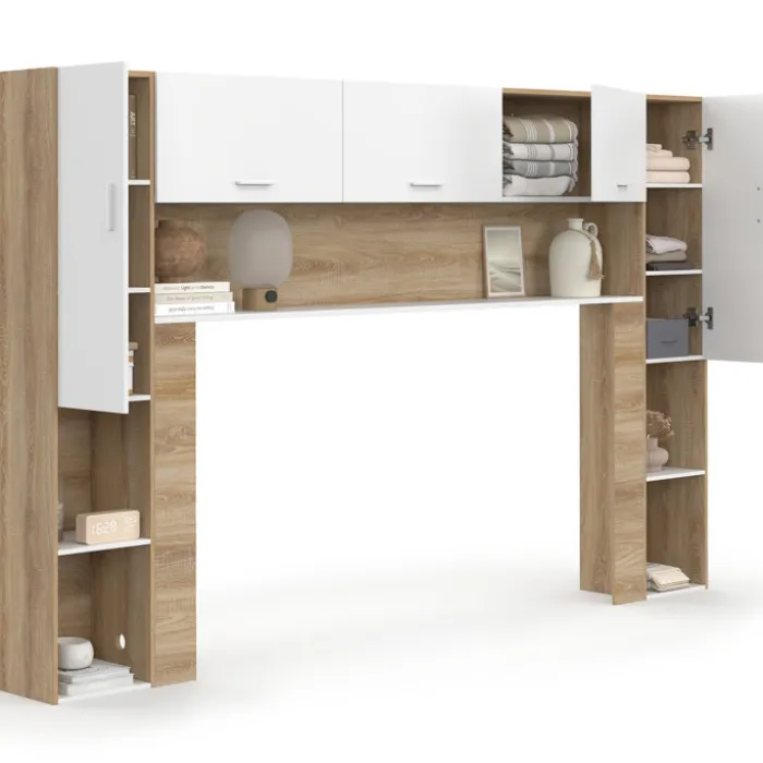 Pont de lit 226 cm avec rangements bois et blanc