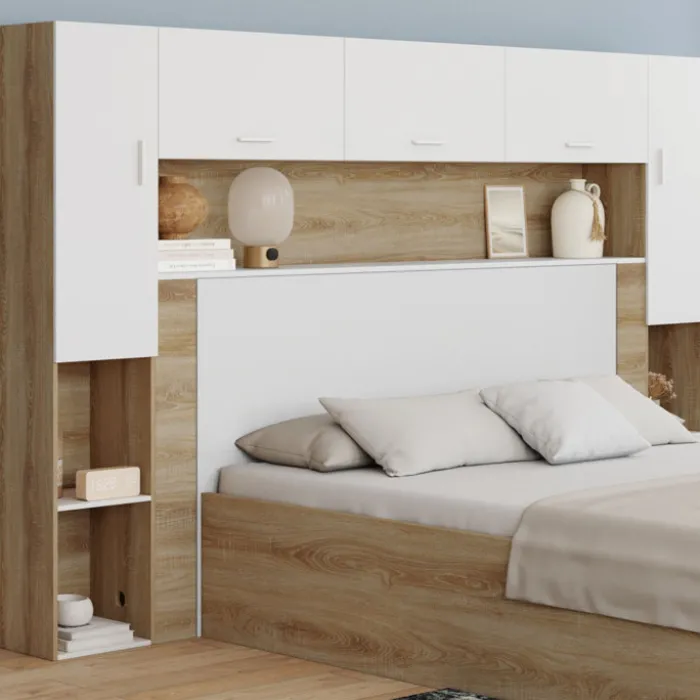 Pont de lit 226 cm avec rangements bois et blanc