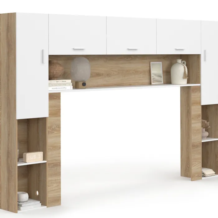 Pont de lit 226 cm avec rangements bois et blanc