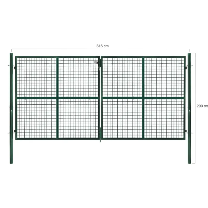Portail battant grillagé en acier vert 3M15 x 1M50 avec serrure et poignée
