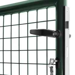 Portail battant grillagé en acier vert 3M15 x 1M50 avec serrure et poignée