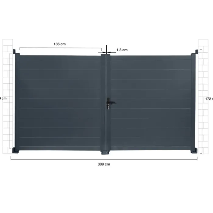 Portail battant 302x160 cm en aluminium gris anthracite