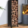 Porte-bûches intérieur vertical de 119 cm en acier noir avec des roulettes