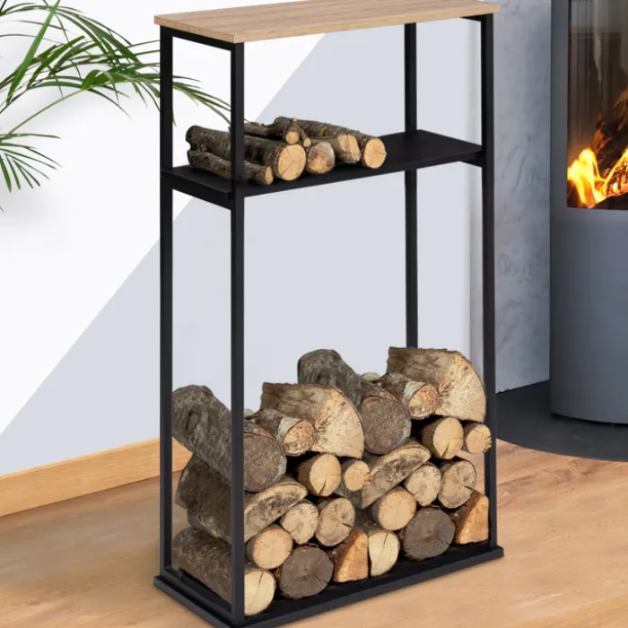 Porte-bûches intérieur vertical 33x66x112 cm en métal noir avec étagère