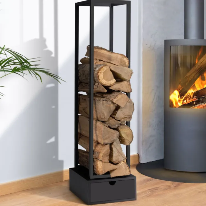 Range bûche intérieur vertical en acier noir avec tiroir