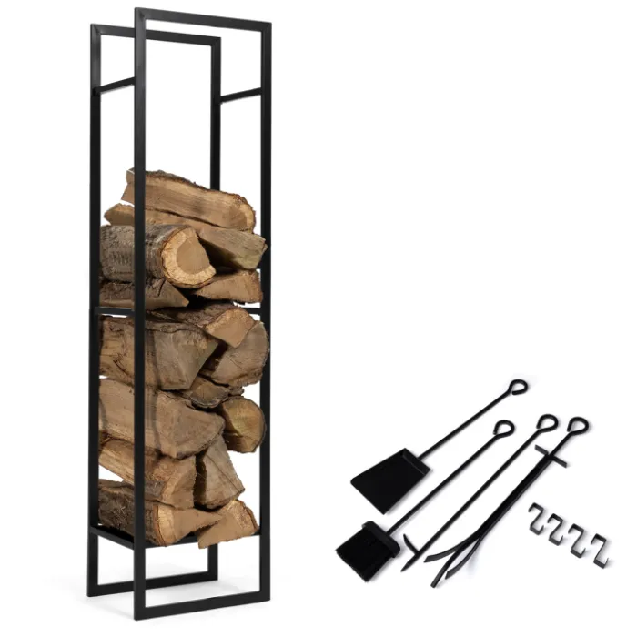 Range bûches vertical en acier noir et accessoires
