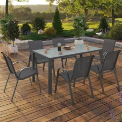 Salon de jardin 6 personnes chaises empilables gris anthracite table 150 cm