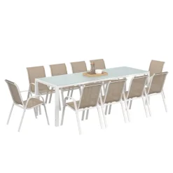 Salon de jardin 10 personnes blanc et beige 240 cm