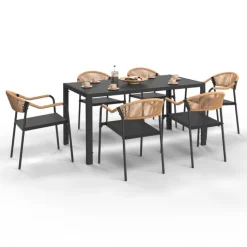Salon de jardin 6 personnes avec chaises noir et rotin clair