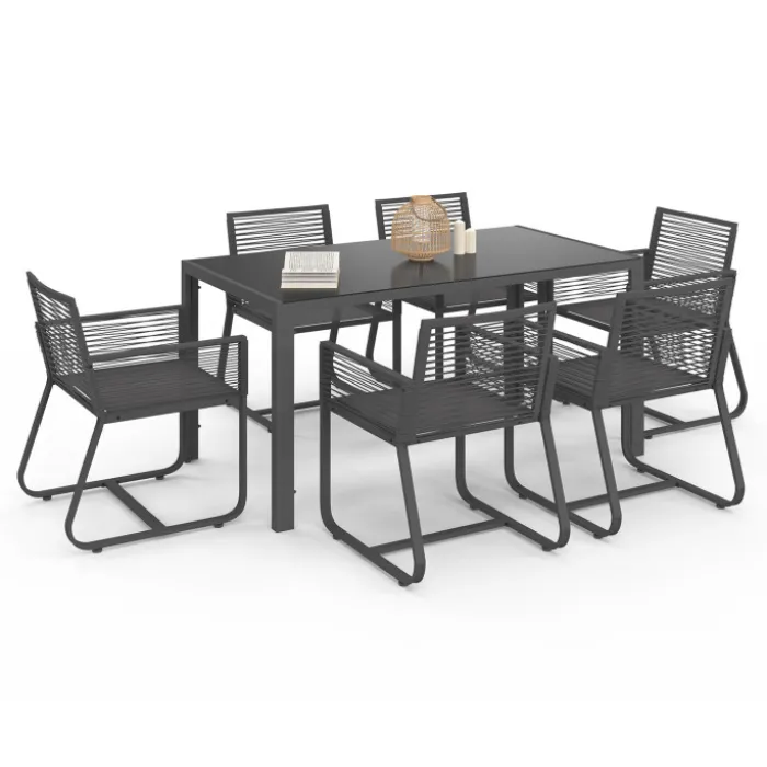 Salon de jardin 6 personnes table 150 cm fauteuils cordage gris anthracite