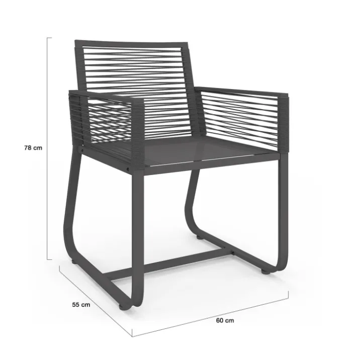 Salon de jardin 6 personnes table 150 cm fauteuils cordage gris anthracite