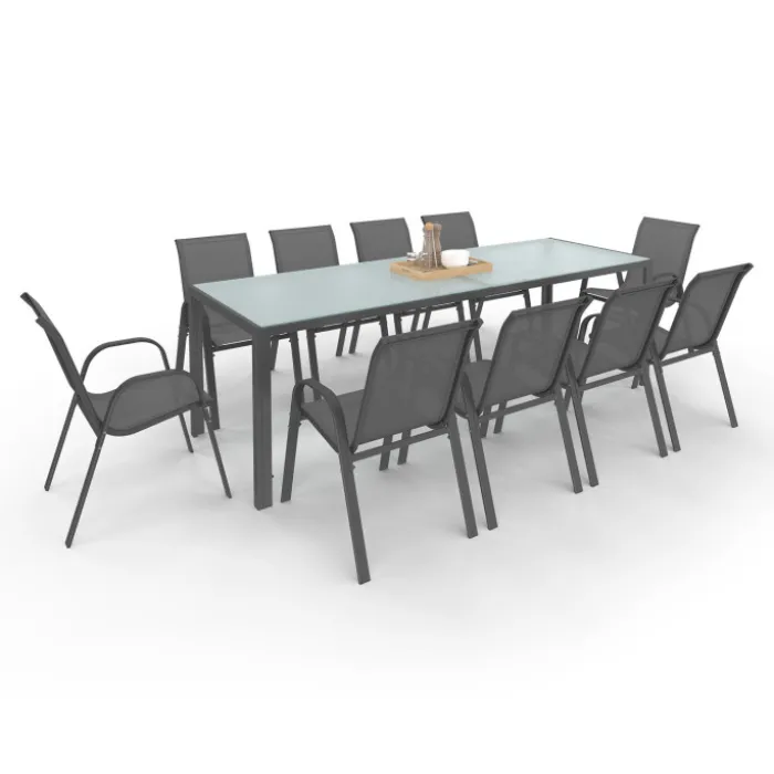 Salon de jardin 10 personnes table 240 cm plateau clair et chaises empilables gris anthracite
