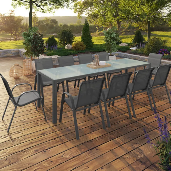 Salon de jardin 10 personnes table 240 cm plateau clair et chaises empilables gris anthracite