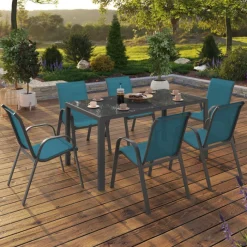 Salon de jardin 6 personnes chaises empilables bleu canard table 150 cm