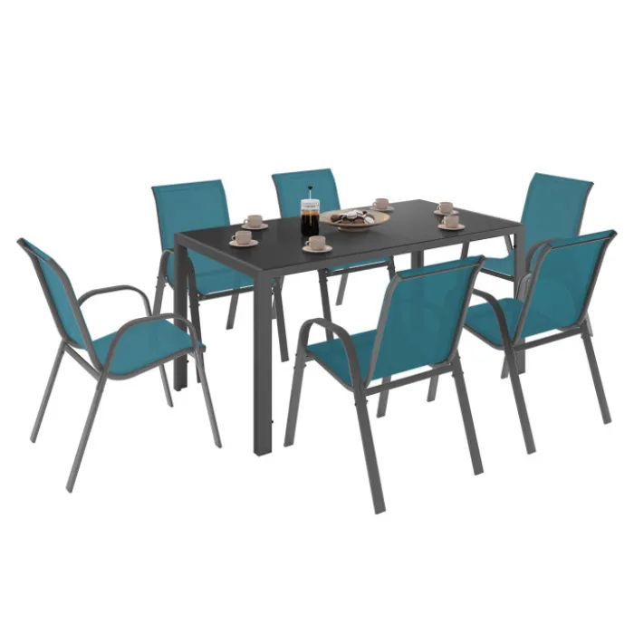 Salon de jardin 6 personnes chaises empilables bleu canard table 150 cm