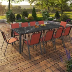Salon de jardin 10 places chaises empilables terracotta table 240 cm