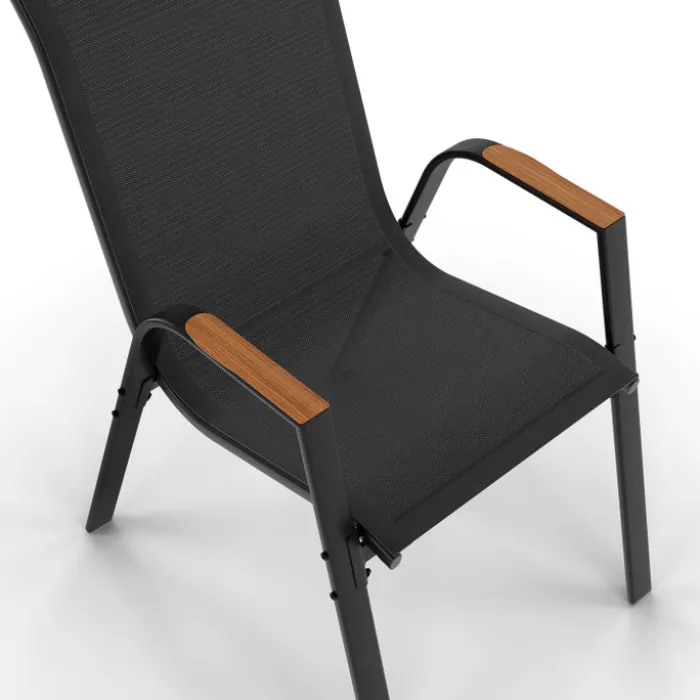 Salon de jardin avec plateau effet bois et chaises empilables noir et bois