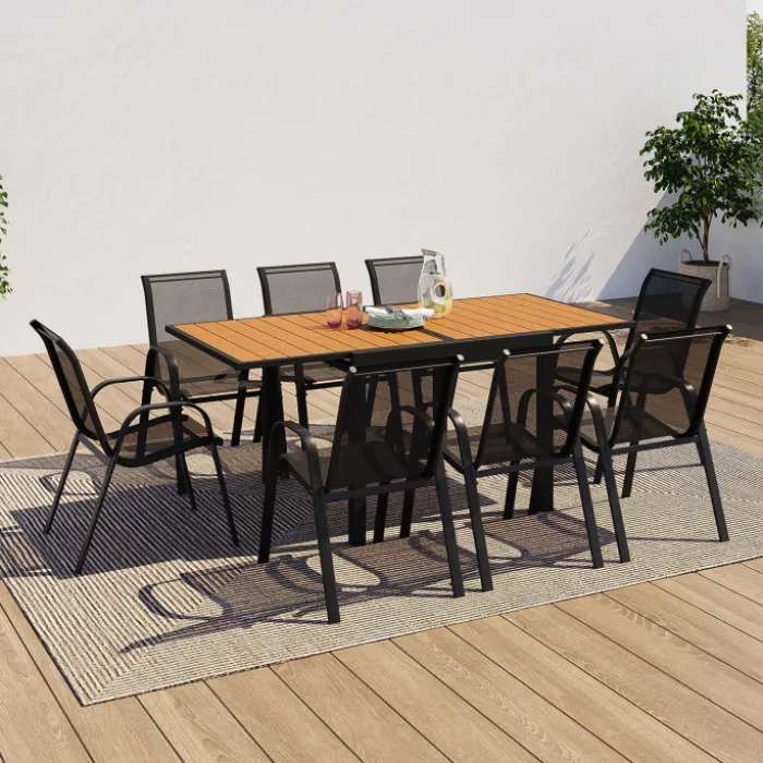 Salon de jardin avec table bois et noir + 8 chaises