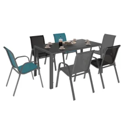 Salon de jardin avec table 150 cm et 6 chaises empilables mix color et acier