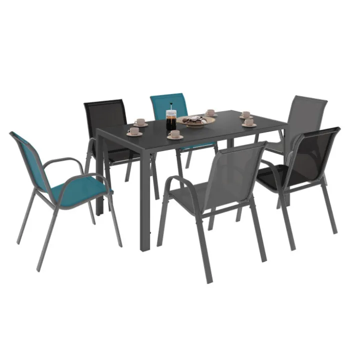 Salon de jardin avec table 150 cm et 6 chaises empilables mix color et acier