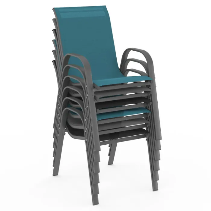 Salon de jardin avec table 150 cm et 6 chaises empilables mix color et acier