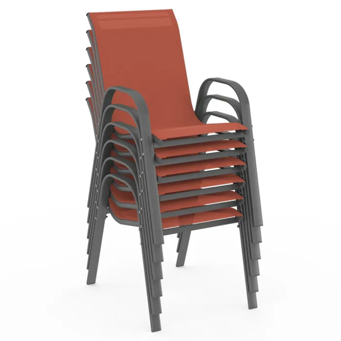 Salon de jardin avec table 150 cm et 6 chaises empilables terracotta et acier