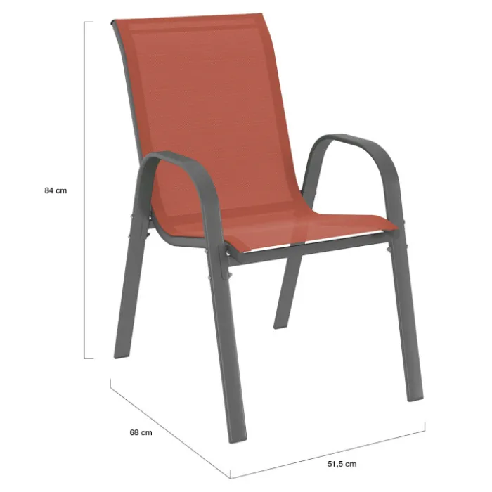 Salon de jardin avec table 150 cm et 6 chaises empilables terracotta et acier