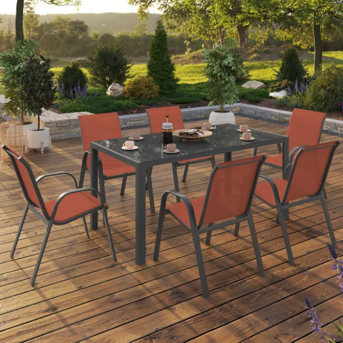 Salon de jardin avec table 150 cm et 6 chaises empilables terracotta et acier