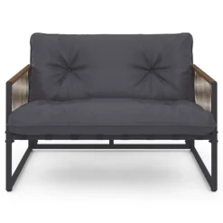 Salon de jardin bas 6 personnes canapés et fauteuils gris anthracite et cordage effet rotin avec tables basses