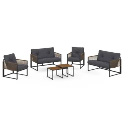 Salon de jardin bas 6 personnes canapés et fauteuils gris anthracite et cordage effet rotin avec tables basses