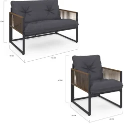 Salon de jardin bas 6 personnes canapés et fauteuils gris anthracite et cordage effet rotin avec tables basses
