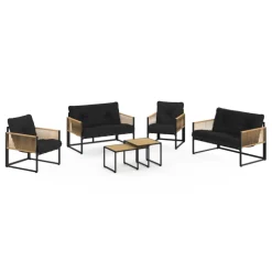 Salon de jardin bas 6 personnes canapés et fauteuils noir et cordage effet rotin clair avec tables basses